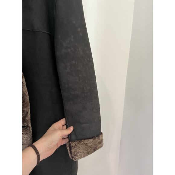 Schott NYC Long leather Shearling Fur Coat Collared Black Unisex Reversible Sz L - Picture 3 of 11